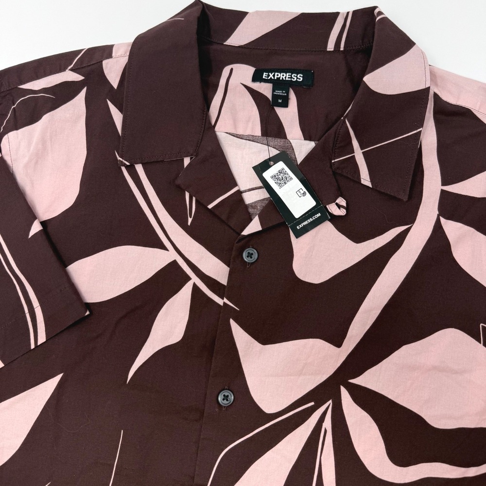 Express‎ Mens Medium Leaf Print Short Sleeve Camp Collar Button Down Shirt NEW